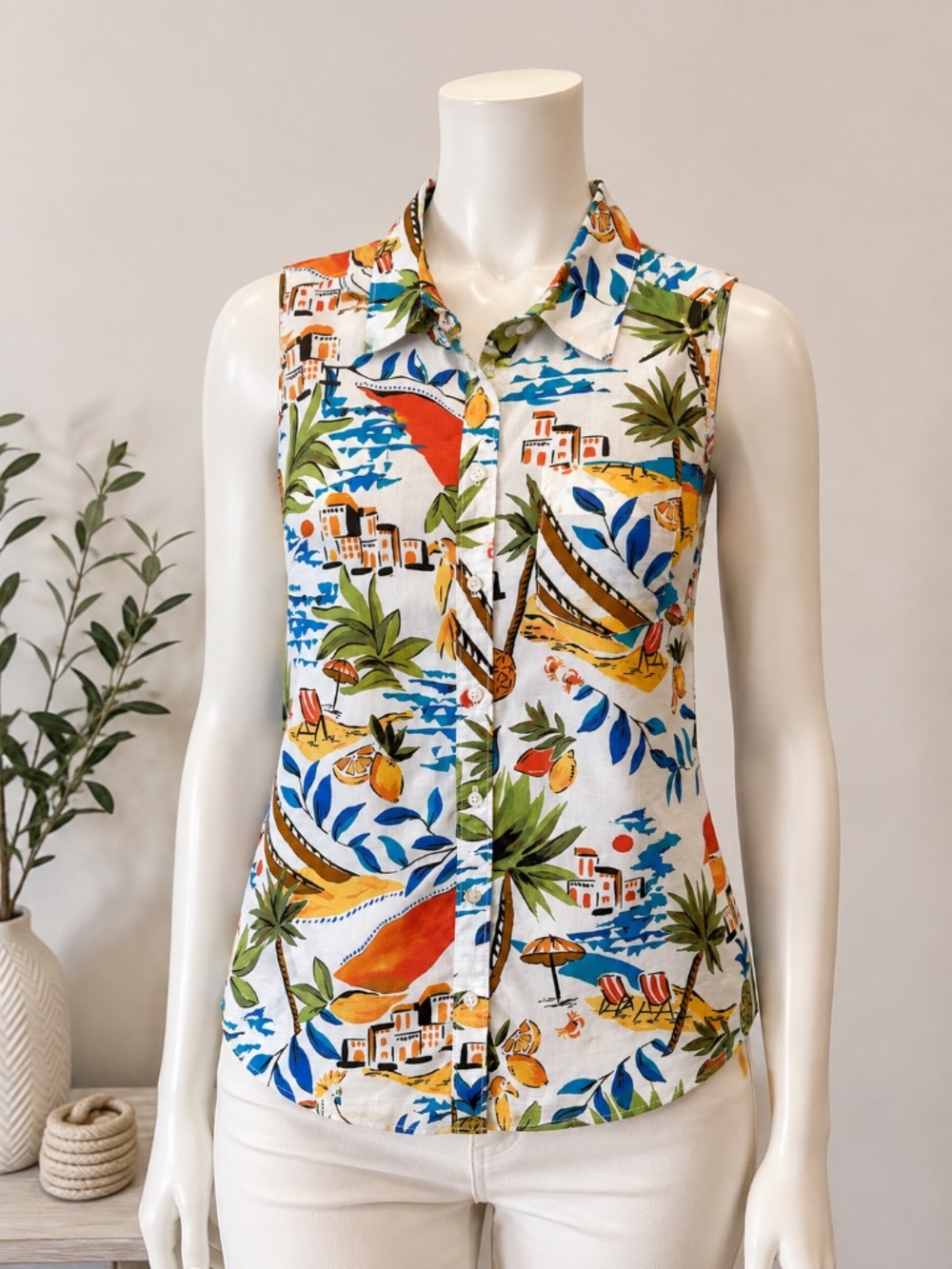St. John's Bay Sleeveless Tropical Vacation Button-up Shirt Size S